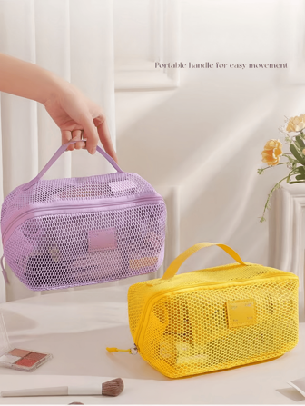 1个大容量马卡龙色清新风格高品质纹理多功能网状化妆品收纳包