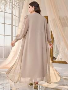 加大码女式V领无袖蕾丝优雅开衩连衣裙，配可拆卸腰带和长袖外套，两件套 - 杏色 - 查看 4