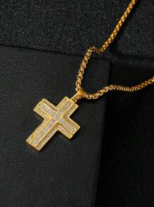 1 Pieza de collar con colgante de cruz de estilo retro de metal estilo con incrustaciones de cobre y circonita, collar de cruz de estilo hip-hop con rhinestones, adecuado para fiestas cristianas y uso diario