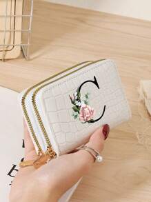 Portacarteras de mujer con textura de cocodrilo y piedra, con múltiples ranuras para tarjetas, bolsillo con cierre de doble cremallera para monedas y ventana para identificación - Impresión personalizada con letra del alfabeto A-Z, diseño de hojas verdes y flores rosas, organizador de tarjetas portátil y funcional para tarjetas de crédito