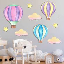 9 PIEZAS Decoraciones colgantes de pared de madera con globos aerostáticos en púrpura, azul y rosa, decoración de pared con nubes y estrellas, cartel de madera para decoración del hogar en dormitorio, salón de clases y sala de juegos
