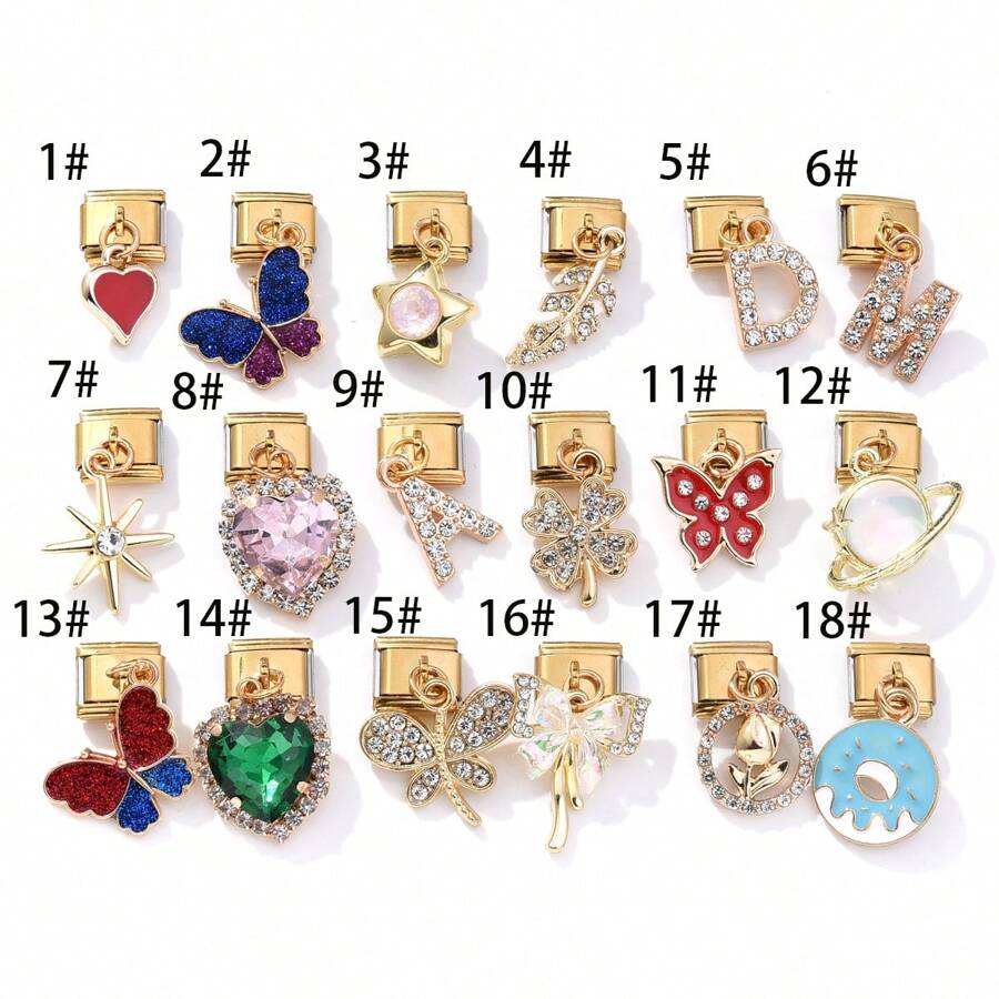 1/5/10pcs Elegant Fashion Gold Zirconia Crystal Heart, Letter, Leaf, Butterfly Pendant Modules - Ideal For DIY Bracelets, Rings, Gift