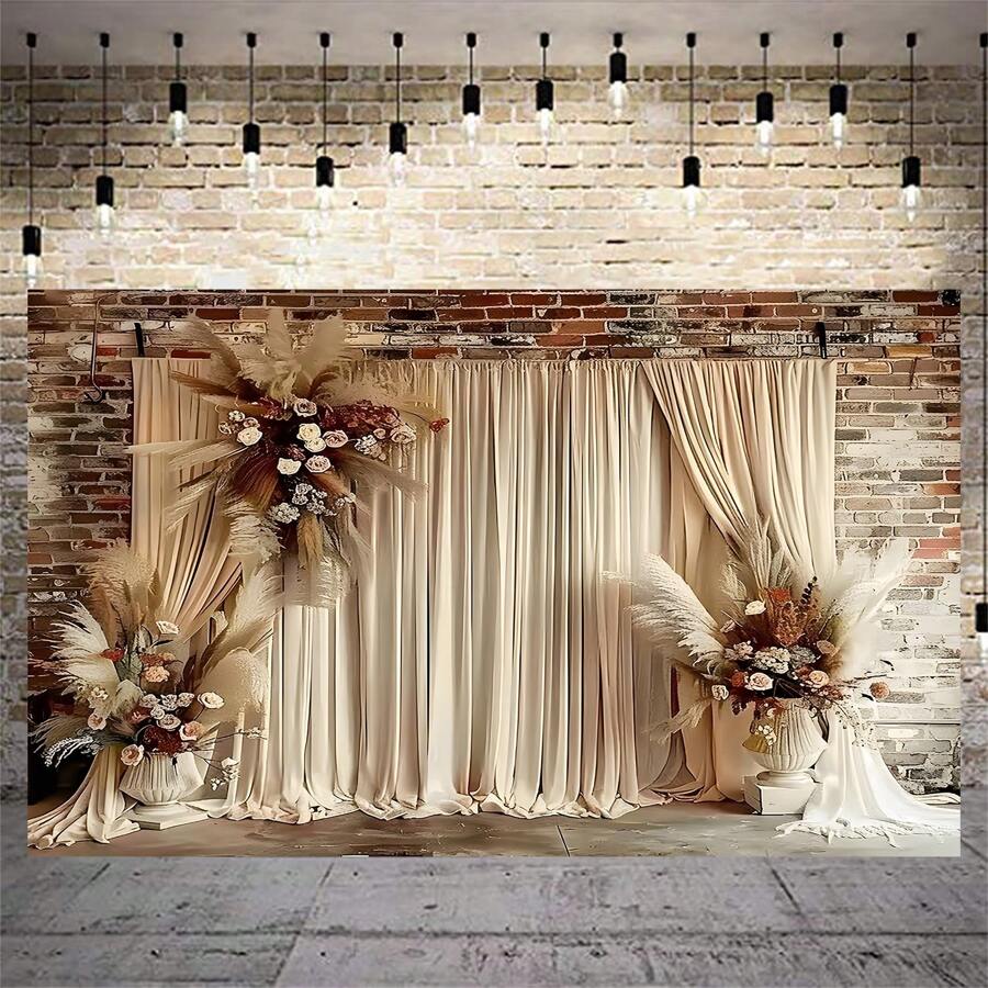 Boho Chic Brown Curtain With Light Reed & White Flowers - High-Quality Polyester Photography Backdrop, Washable & Ironable Party Banner For Vibrant Decor Gifts Birthday Graduation Birthday Decorations Party Decorations Bachelorette Wedding