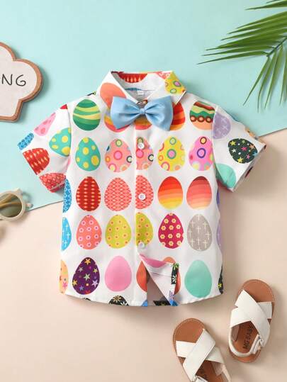 Set composto da camicia a maniche corte e pantaloncini con stampa di uova di Pasqua, adatto per bambino, stile casual e carino, per la festa di Pasqua