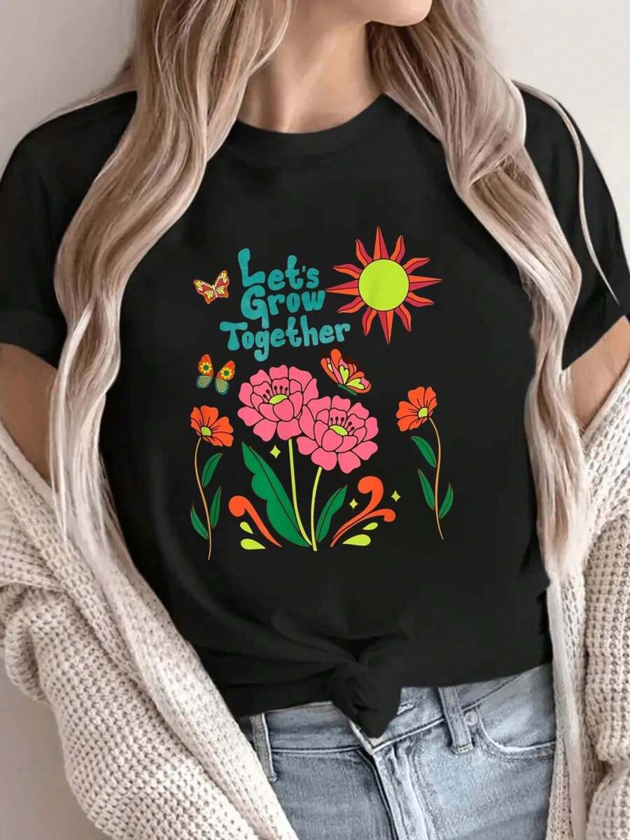 Lets Grow Together Retro Hippie Boho Style Flowers Sun T-Shirt