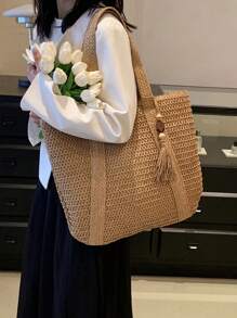 BAILEE A Stylish, Casual, Handcrafted, Solid-Colored Woven Tote Bag With Wooden Bead And Tassel Decorations, Perfect For Gifting. - Khaki - View 6