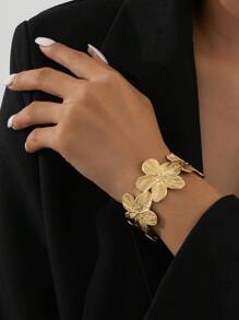 1pc Fashionable Stainless Steel Flower Bangle Jewelry, Suitable For Women's Daily Wear - Holiday Gift - Yellow Gold - View 1