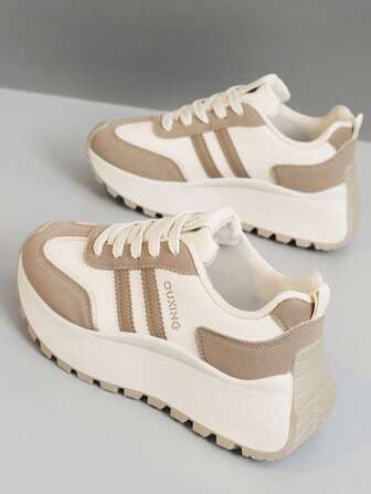 新款女士厚底运动鞋，透气厚底系带休闲拼色运动鞋，2024 年秋季