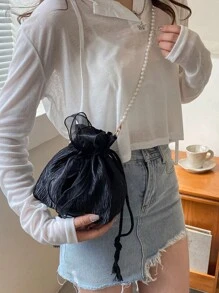 女士仿珍珠迷你水桶单肩包，时尚日常穿着