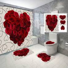 4 件花朵图案浴帘套装，婚礼季节奢华花朵浴帘，爱心，玫瑰个性化浴帘，带 12 个挂钩的涤纶面料浴帘，防滑速干浴室垫，马桶垫，浴室垫，座垫，防滑 U 型垫，婚礼装饰