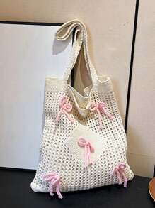Y2k Bag Baby Pink Bows Pattern Knitted Handbag Foldable Hollow Out Design Crochet Bag Medium Vacation Beige Beach Travel Bag Large Capacity Knitted Hobo Handbag Shoulder Purse For Teen Girls Women College Students,White-Collar Worker,Casual Vacation, Beach Bag, Shoulder Bag, Tote Bag, Cute Bow Bag For Women