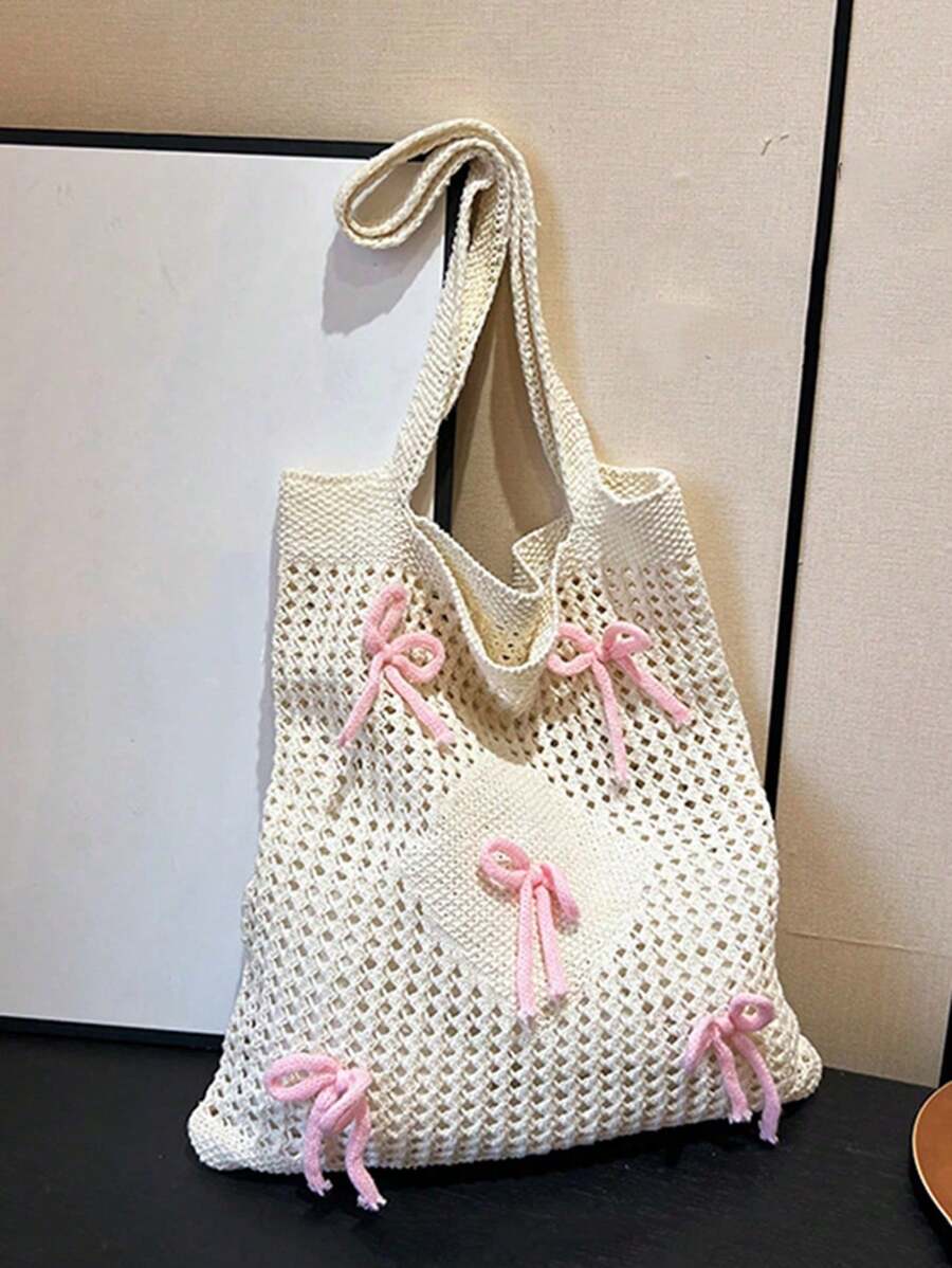 Y2k Bag Baby Pink Bows Pattern Knitted Handbag Foldable Hollow Out Design Crochet Bag Medium Vacation Beige Beach Travel Bag Large Capacity Knitted Hobo Handbag Shoulder Purse For Teen Girls Women College Students,White-Collar Worker,Casual Vacation, Beach Bag, Shoulder Bag, Tote Bag, Cute Bow Bag For Women