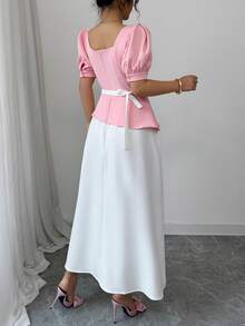 Floral Decor Zipper Puff Sleeve Square Neck Woven Dress - Pink - View 2