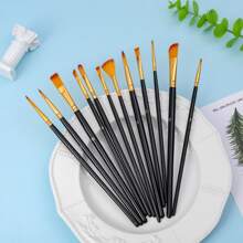 12 支油画笔，美术用品画笔，木柄尼龙毛，适用于丙烯画、油画、水彩画、线条画和脸部彩绘，返校，学校用品 - 彩色 - 查看 4