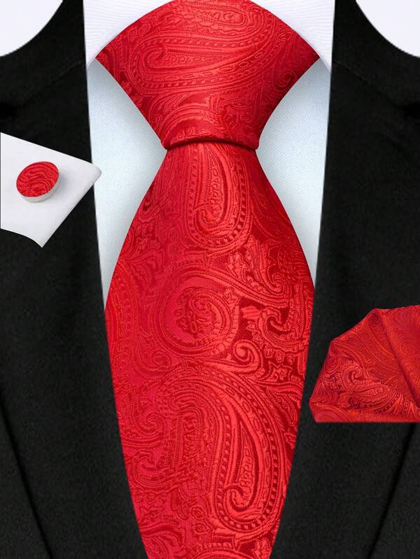 3pcs/Set Men's 8cm Red Paisley Necktie, Handkerchief And Cufflinks Set, High-Quality Classic Fashion Business Casual Tie Set, Men's Wedding, Family, Christmas, Party Gift