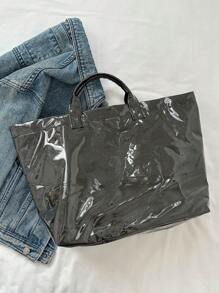 Bolso grande de capacidad con estilo transparente de gelatina, bolsa de compras impermeable de PVC, bolso de mano estilo neutro coreano, bolso de mano estilo retro de moda inspirado en INS, bolso estilo japonés relajado, adecuado para estudiantes de escuela secundaria y universidad que van a la escuela, bolsa de gimnasio/yoga/viaje o bolso de mamá, bolso de mano de textura arrugada con estampado de letras de alta calidad y multicapa con inspiración de celebridades