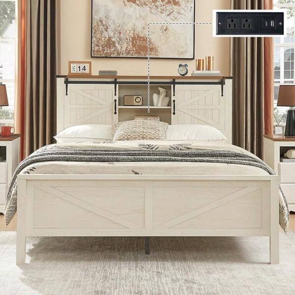 Merluxy Bed Frame With Sliding Barn Door Headboard, Bookcase Storage, Charging Station, And Adjustable Shelf, Farmhouse Wooden Platform Design, No Box Spring Required