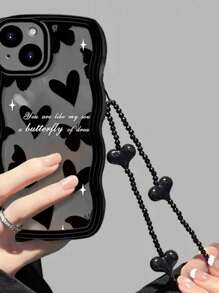 1pc New Fashionable Mobile Phone Hanging Rope Short Style Female Creative Black Heart Beaded Phone Chain Accessories Earphone Bag Decoration Suitable For Giving Girlfriend Holiday Gifts