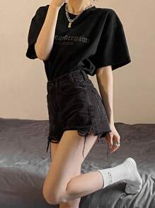 女士高腰A字性感黑色牛仔短裤，宽松喇叭裤腿 - 黑色 - 查看 1