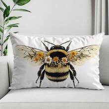 1pc Bee & Floral Single-Sided Printed Velvet Decorative Throw Pillow Case, 30*50cm