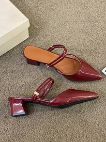Sandalias de tacón grueso con punta puntiaguda patentado para mujer, nuevas sandalias de verano 2025 suave con punta cerrada y tacón medio versátil sin talón, sandalias de tacón alto puntiagudas patentado negro sin talón versátiles para mujer, nuevas bombas de tacón grueso con tira y punta cerrada para el verano