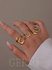 GEREIT 3pcs 18K Plated Stainless Steel Leaf Shaped Openwork Rings Set, Suitable For Women Everyday Wear