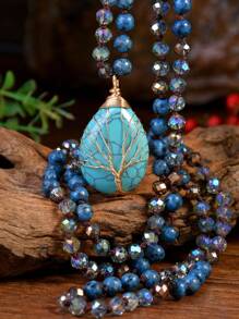 Handmade Bohemian Style Long Necklace With Exquisite Turquoise Wrapped Pendant, Vintage Blue Dotted Knotted Beaded Hanging Chain, Suitable As A Gift For Women On Thanksgiving - Multicolor - View 5