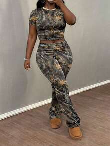 2pcs Women Fashionable And Sexy Casual High-End Pattern Outdoor Set - Dark Green - View 4