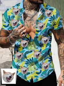 Men's Customized Casual Front Button Short Sleeve Shirt, Summer - Blue - View 3