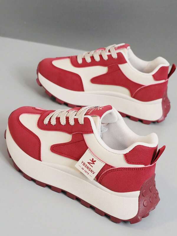 New 2024 Autumn Women Chunky Sneakers Platform Lace Up Color Blocking Breathable Casual Shoes