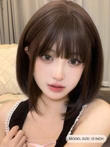 1 Piece Synthetic Heat-Resistant Hairpiece In Cool Brown Short Hair Bobo Wig With Bangs , 12 Inches Long, Made From Fiber, Suitable For Daily Use, Natural And Realistic Hairpiece.(The Intranet Is Consistent With The Requirements),Summer Style, Back To School Gift