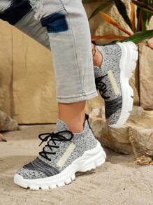 24pcs New Women's Colorblock Hollow Breathable Vintage Floral Lightweight Road Running Sneakers - Dark Grey - View 4