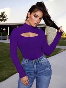 Blusa Basica Ajustada de Manga Larga con Abertura Asimetrica en el Pecho para Mujer - Morado - Ver 2