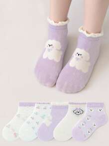 5 paar ademende mesh cartoon dierenprint kant trim mid-calf sokken voor kinderen, geschikt voor lente/zomer