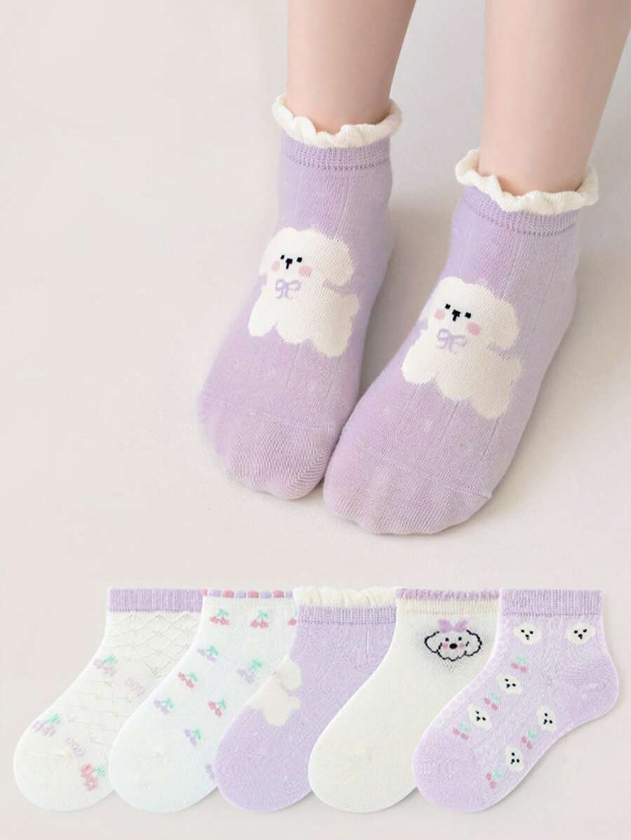 5 paar ademende mesh cartoon dierenprint kant trim mid-calf sokken voor kinderen, geschikt voor lente/zomer