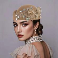 1Pc Felt Turban Hat Pillbox Hats For Women Derby Hat Fascinator Hats With Flower Embellished Elegant Ladies Tea Party Hats Vintage Beret Hat Decorated With Rhinestone Fashion Fedoras Cap For Cosplay Costume Accessories For Wedding Party Women Ladies Gift 2025 New Style.