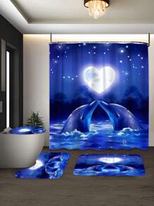 1/4pcs Heart-Shaped Moon & Dolphin Pattern Printed Waterproof Shower Curtain Set, Including 12 Hooks, Bath Mat, U-Shaped Toilet Cover, Ocean Elements, Decorative For Bathroom, Modern Home Decor, Machine Washable, Suitable As Gift Mother's Day Flowers,Personalized Gifts For Mom,Last Minute Gifts,Mother's Day Ideas,Mothering Sunday Gifts,Handmade Cards For Mum,Best Mother's Day Gifts Under $50