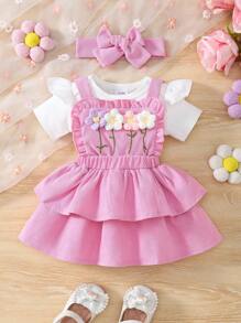 Set de 3 piezas para niñas bebé: Body de manga corta de unicolor + Vestido con volante de dobladillo con bordado de flores 3D + Diadema - Multicolor - Ver 3