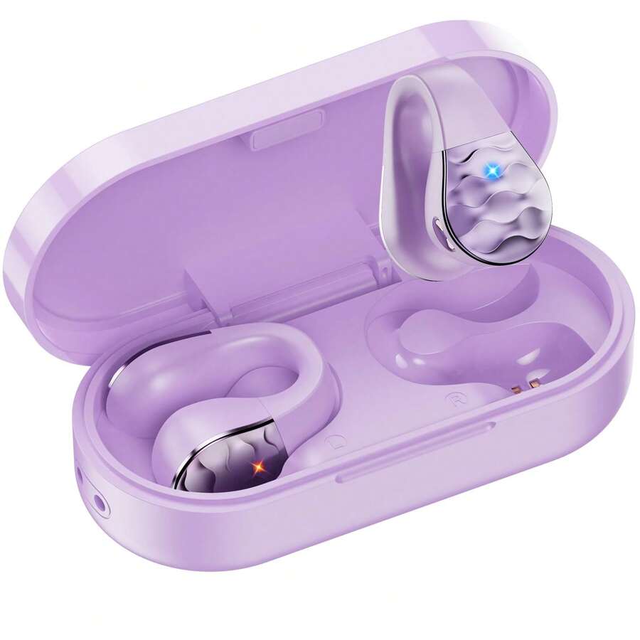 Aigo Wireless Earbud Bluetooth Earphones, Open Ear Clip, Sport Ear Buds For IPhone/Android/Computer, Waterproof Headphones Built-In Mic, Wireless Charging, Pink Headset