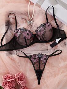 Women's Floral Embroidery Mesh Sexy Lingerie Set - Black - View 1