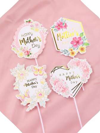 5pcs/1set 鲜花元素蛋糕插件 创意母亲节鲜花贺卡烘焙蛋糕装饰卡片装饰品 适合家庭聚会 室内外家庭聚会 母亲节蛋糕插卡 款式混装 随机