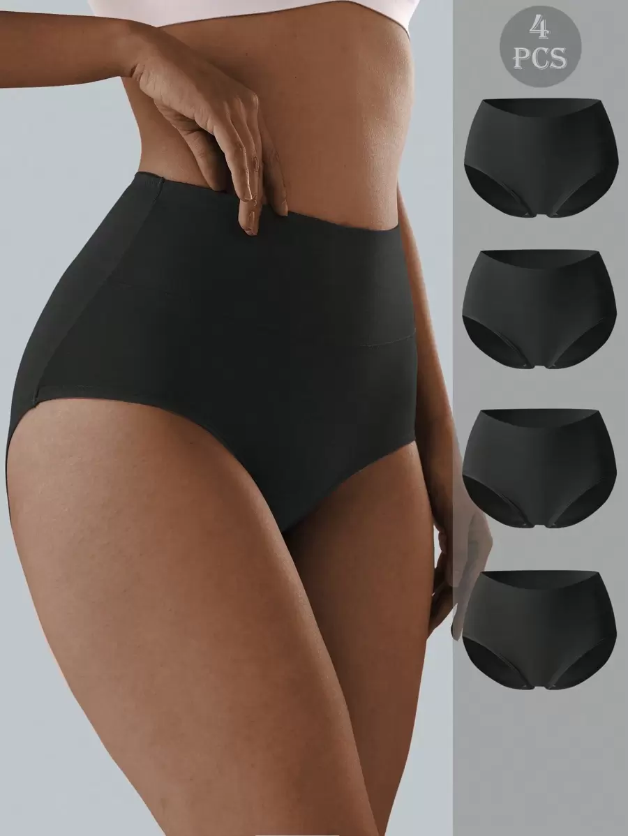 4pcs Women High Waist Solid Black Cotton Breathable And Comfortable Underwear - Black - View 1