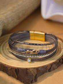 1pc Bohemian Multi-Layer PU Rhinestone Magnetic Clasp Bracelet, Infinity Symbol Wrap Charm Bracelet, Suitable For Daily Wear Or Music Festivals - Gray Infinite - View 7