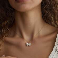 1pc Stainless Steel Gold Plated Hypoallergenic Necklace With Embedded Synthetic Zirconia Butterfly Pendant, Elegant Daily Style Suitable For Formal Events And Gifts