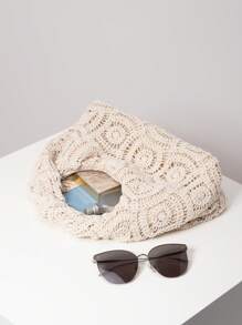 Túi đan móc rỗng họa tiết hoa, Túi đi biển phong cách Boho dành cho nữ, Túi xách xếp ly cao cấp, Ví thường ngày ngày lễ, Vật dụng thiết yếu ngày lễ (Họa tiết ngẫu nhiên) - Màu be - Xem 6