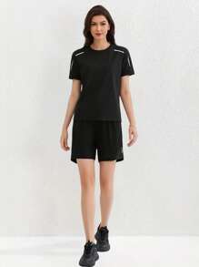 Tricou sport pentru femei, cu mânecă scurtă, elastic și respirabil, potrivit pentru primăvară și vară, negru - Negru - Vizualizare 5