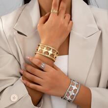 1 Bracelet + 1 Ring Set, Creative Fashion Lucky Clover Splicing Open Bangle Cocktail Ring