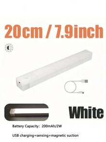 1条LED智能感应灯带，USB充电，暖白光，磁吸式可拆卸，可调光，电池供电，适用于衣柜、橱柜、楼梯等场所。