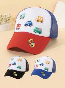 1 Peça Boné de Verão Respirável de Malha com Remendo Estampado de Carro em Série para Meninos Pequenos, Remendo de Couro Macio DIY, Decoração de Caminhão Cartoon 3D, Proteção Solar, Poliéster, Estilo Coreano