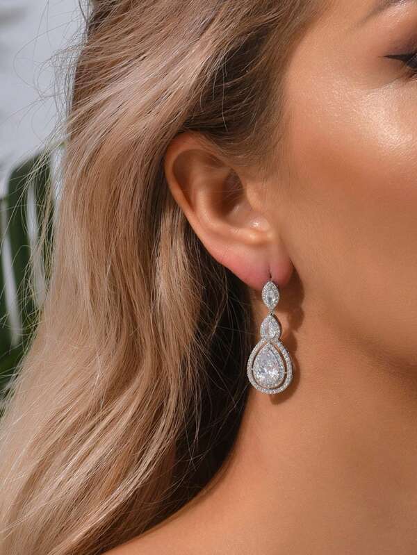 1 par de elegantes pendientes estilo europeo y americano con lujo AAA de circonita con forma de gota de agua hueca, pendientes vintage clásicos para novia, regalo del Día de la Madre adecuado para uso diario o fiesta de la mujer